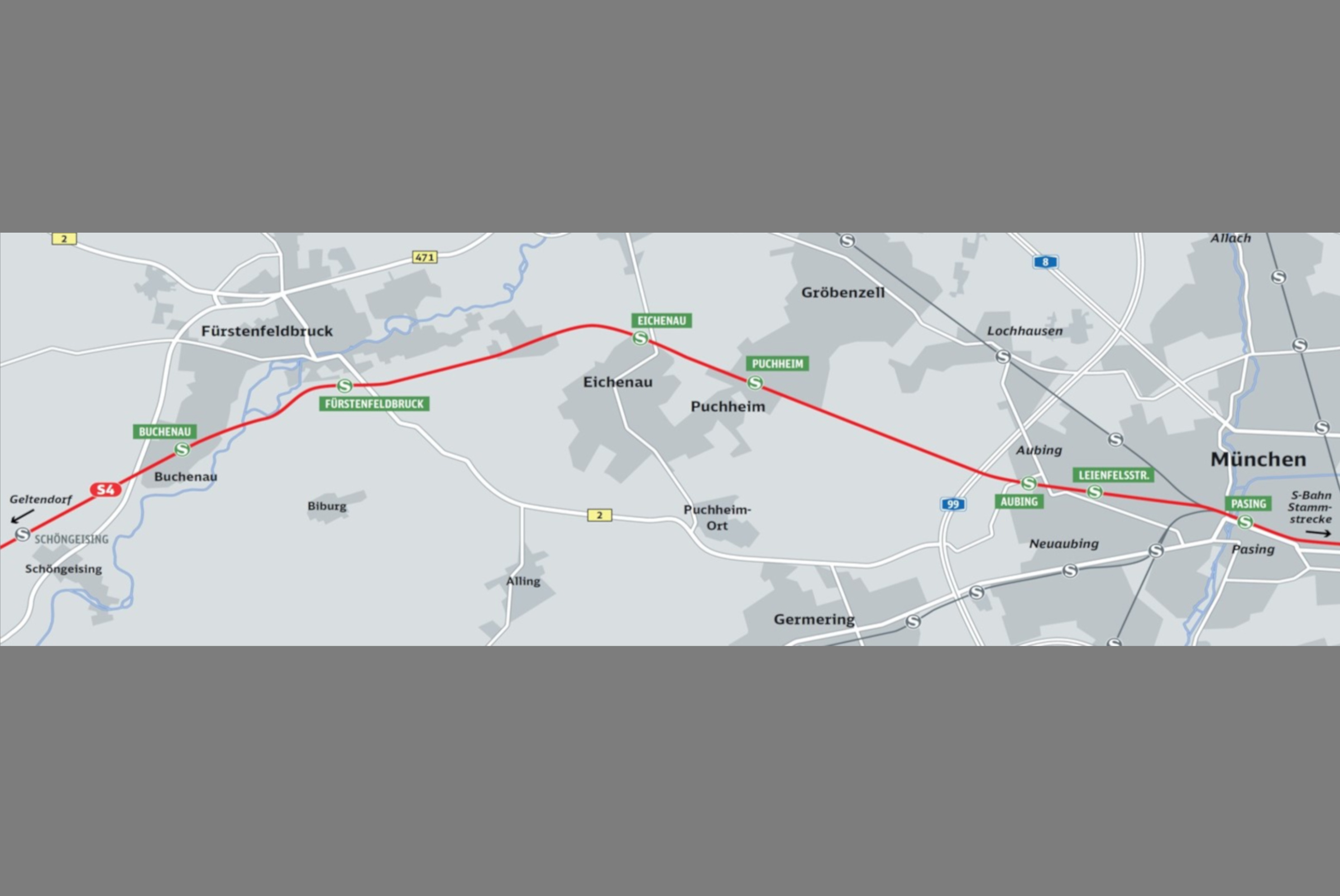 Eine Karte auf der die Strecke der S4 von München über Fürstenfeldbruck gekennzeichnet ist.